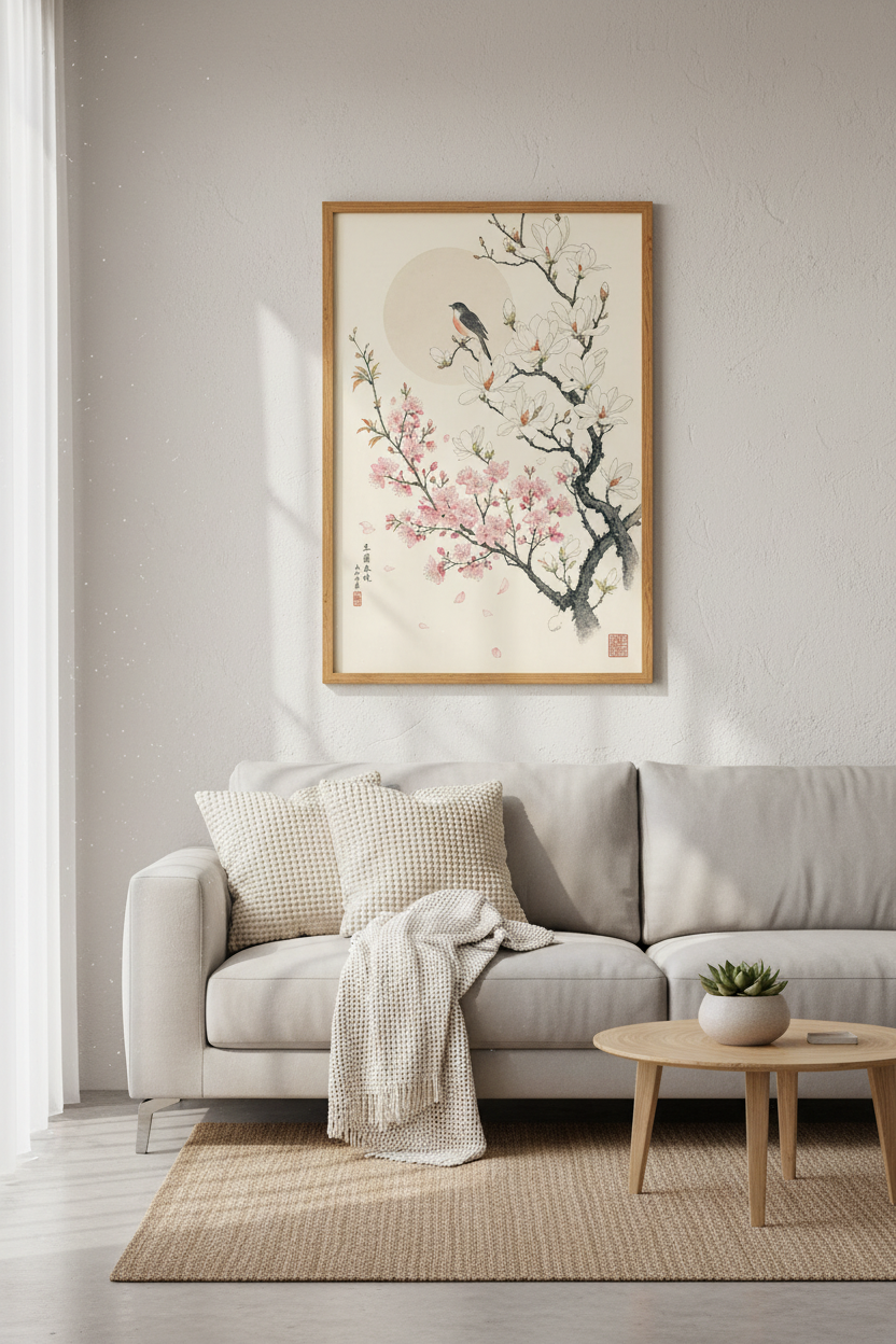 Japanese bird &amp; Flower Wall Art | Zen Magnolia Decor | Pink Cherry Blossom Poster