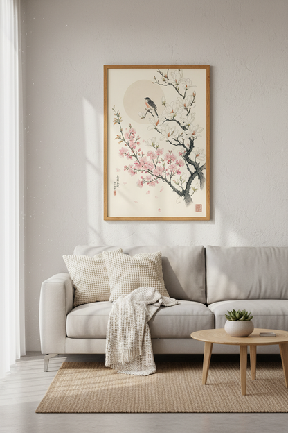 Japanese bird &amp; Flower Wall Art | Zen Magnolia Decor | Pink Cherry Blossom Poster