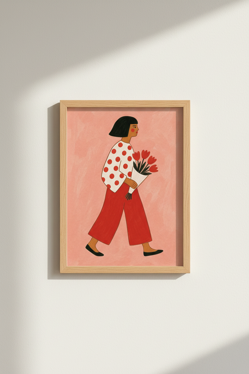 Boho Wall Art Print | Abstract Woman With Bouquet | Living Room Decor | Soft Pink Poster