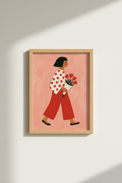 Boho Wall Art Print | Abstract Woman With Bouquet | Living Room Decor | Soft Pink Poster