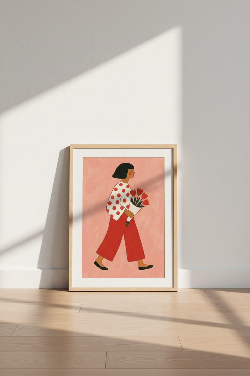Boho Wall Art Print | Abstract Woman With Bouquet | Living Room Decor | Soft Pink Poster