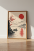 Japanese Lake Landscape | Red Sun & Cherry Blossom, Zen Wall Art Print
