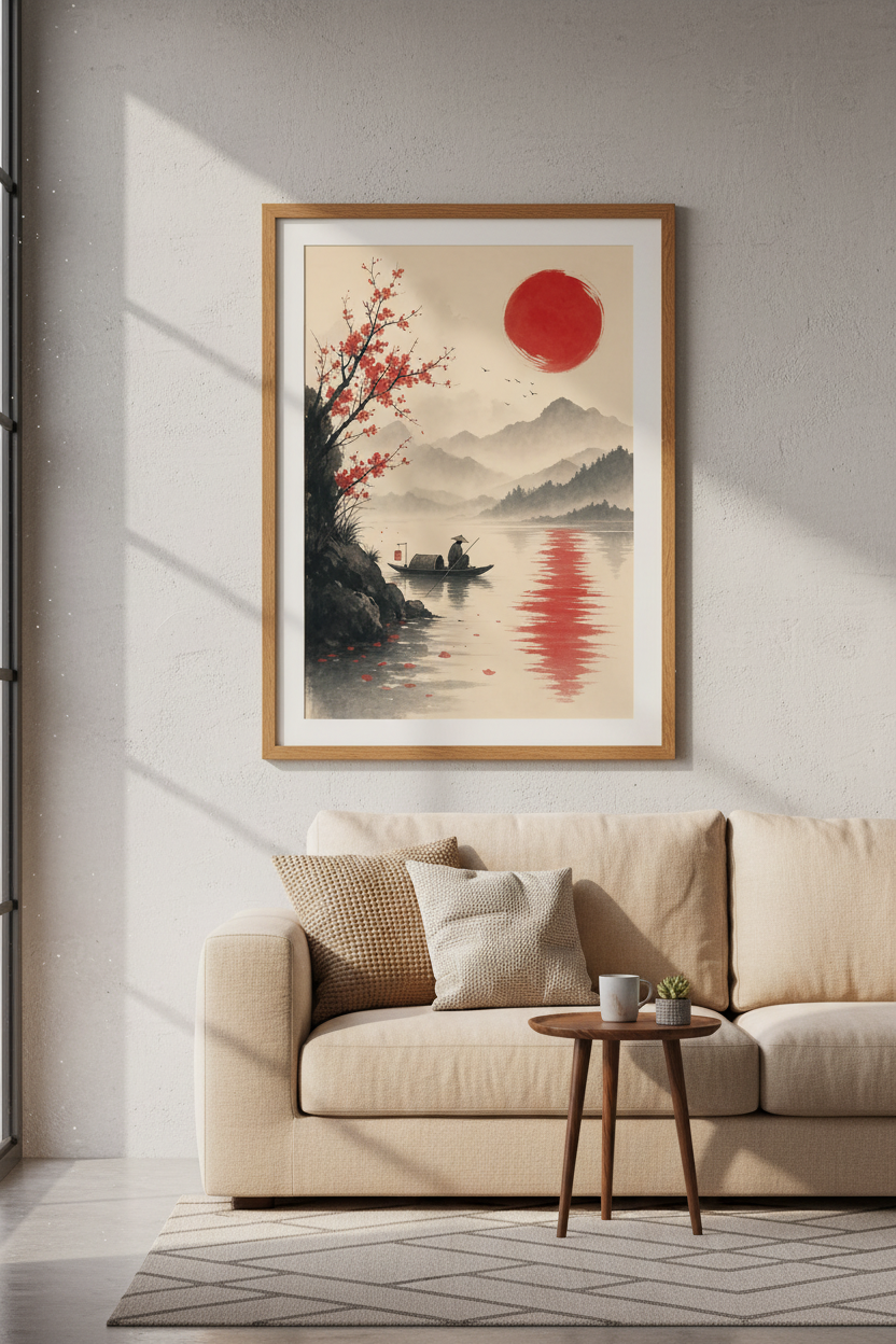 Japanese Lake Landscape | Red Sun &amp; Cherry Blossom, Zen Wall Art Print