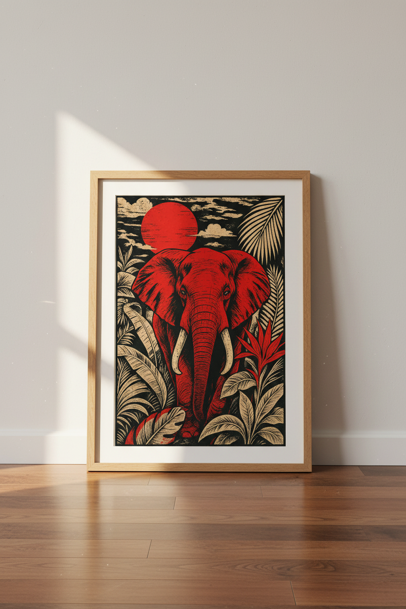 Red Elephant Wall Art Print | Tropical Jungle Decor | Linocut Style Poster