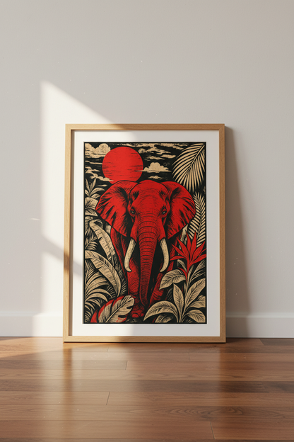 Red Elephant Wall Art Print | Tropical Jungle Decor | Linocut Style Poster