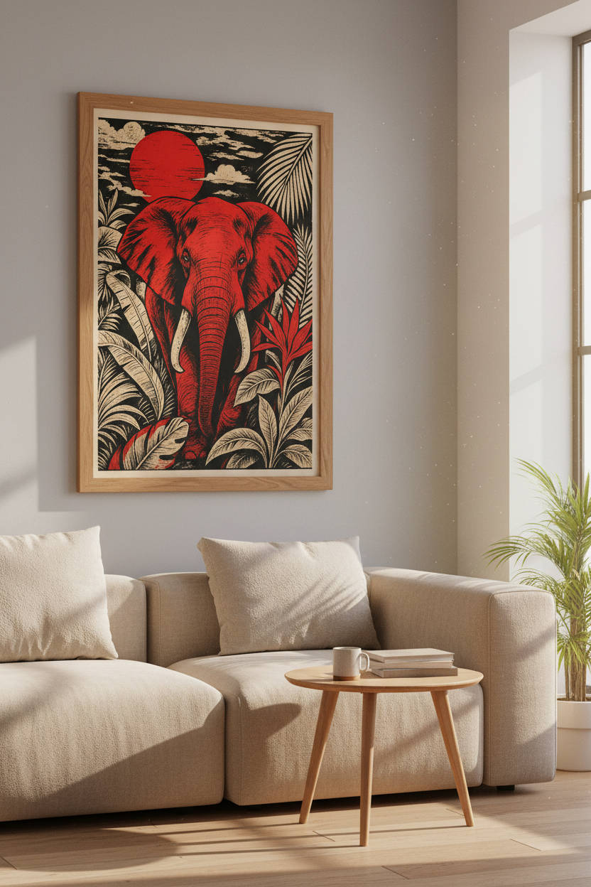 Red Elephant Wall Art Print | Tropical Jungle Decor | Linocut Style Poster