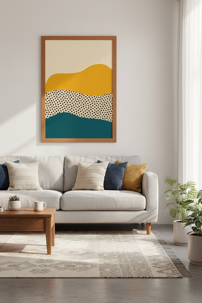 Abstract Mustard &amp; Teal Landscape Wall Art | Living Room Decor | Modern Poster