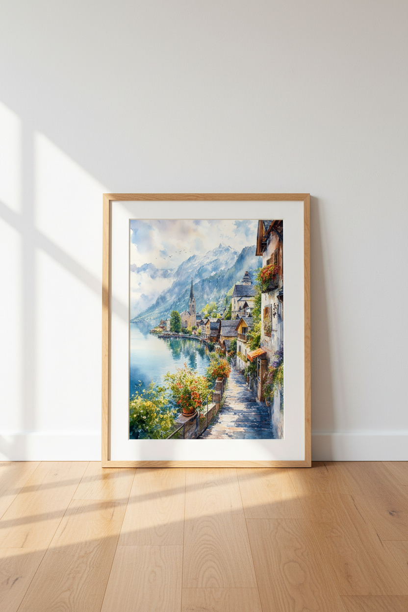 Hallstatt Village Watercolor Wall Art | Alpine Landscape Decor | European Travel Poster