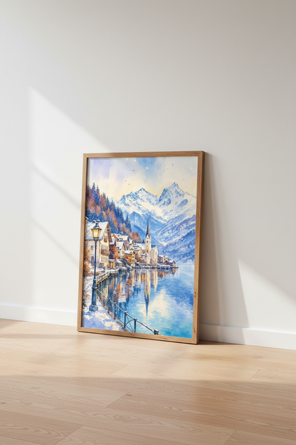 Winter Alpine Village Watercolor Art | Snowy Mountain Lake Poster, Living Room Decor