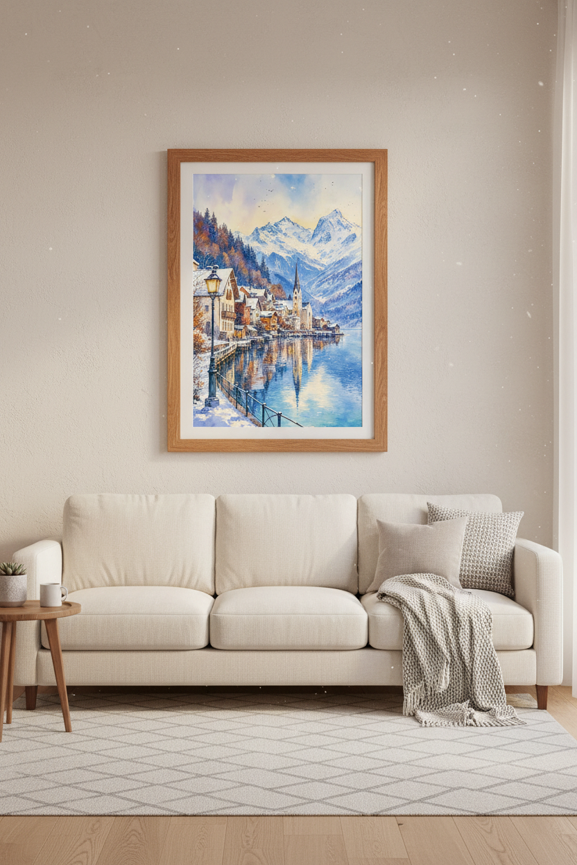 Winter Alpine Village Watercolor Art | Snowy Mountain Lake Poster, Living Room Decor