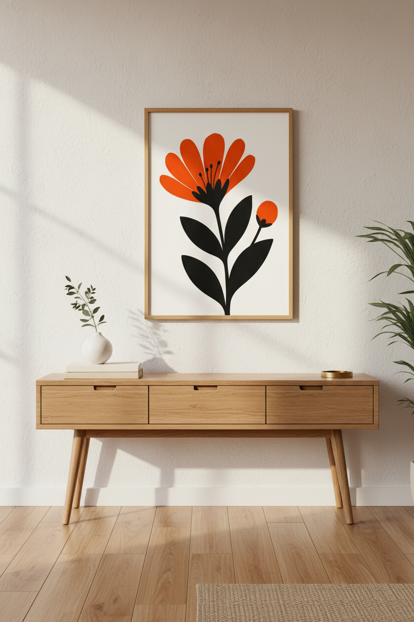 Modern Floral Poster | Bold Orange &amp; Black Art, Living Room Decor