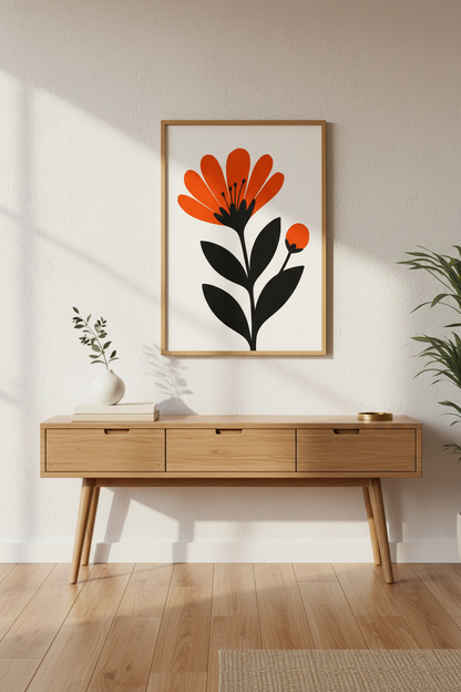 Modern Floral Poster | Bold Orange &amp; Black Art, Living Room Decor