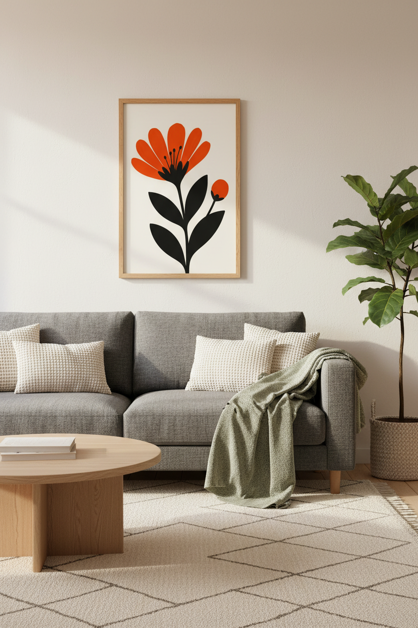 Modern Floral Poster | Bold Orange &amp; Black Art, Living Room Decor