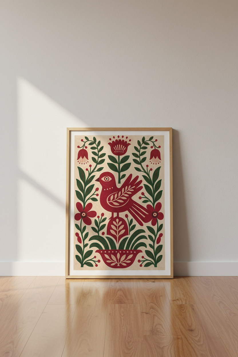 Folk Art Bird &amp; Floral Wall Art | Red Botanical Print, Living Room Decor