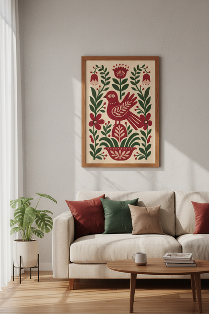 Folk Art Bird &amp; Floral Wall Art | Red Botanical Print, Living Room Decor