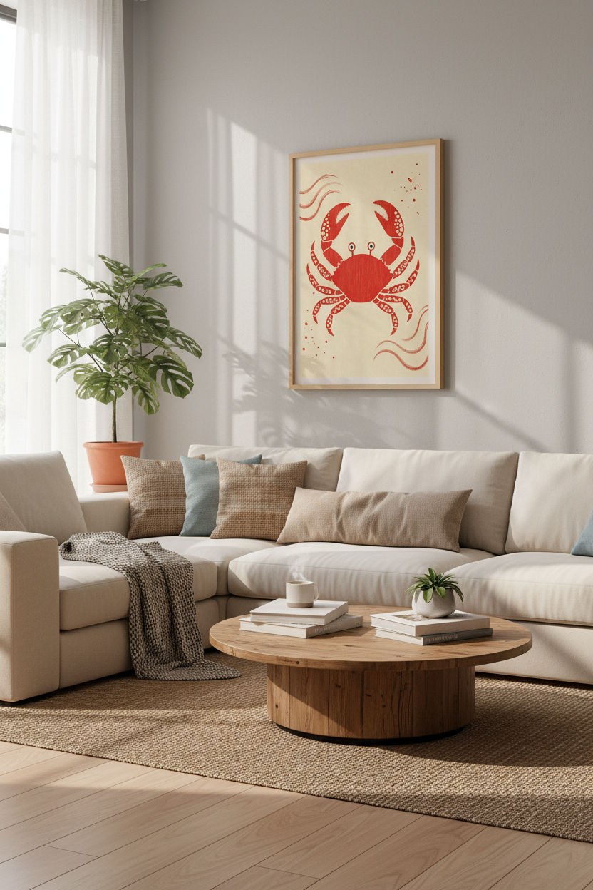 Red Crab Wall Art Print | Coastal Nursery Decor | Japanese Style Poster