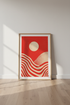 Abstract Sun Landscape | Mid Century Red & Cream Art, Modern Living Room Decor