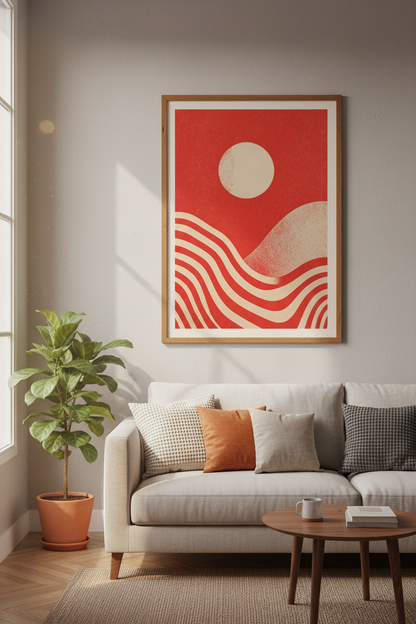 Abstract Sun Landscape | Mid Century Red &amp; Cream Art, Modern Living Room Decor