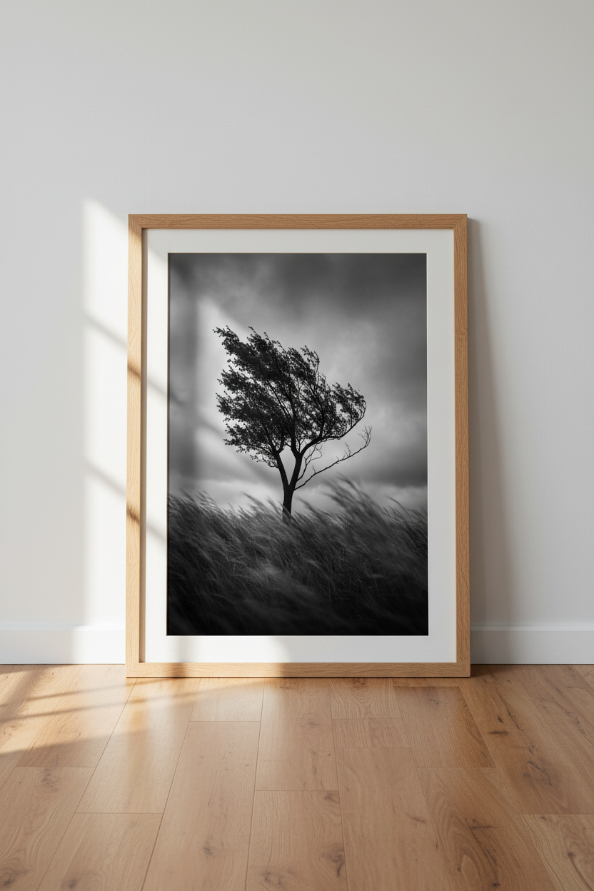 Moody Nature Wall Art Print | Black and White Tree Poster, Minimalist Dramatic Landscape