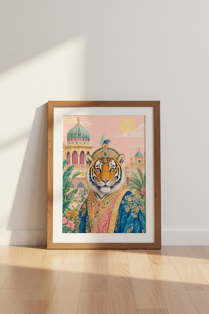 Royal Tiger Prince | Pink Mughal Style Architecture, Maximalist Wall Art Decor