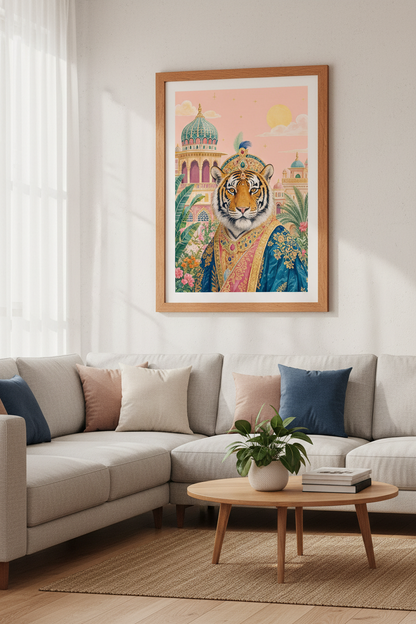 Royal Tiger Prince | Pink Mughal Style Architecture, Maximalist Wall Art Decor