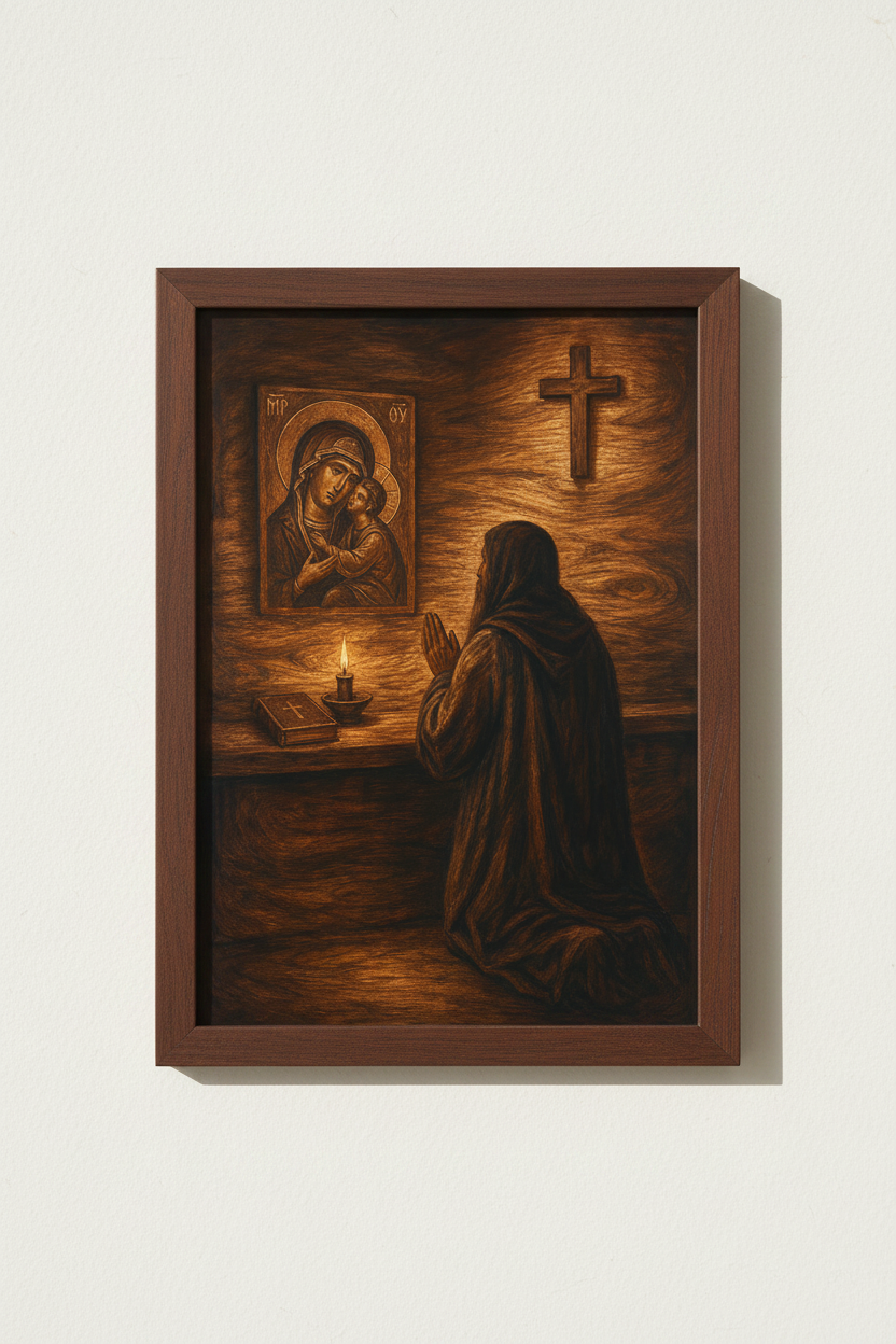 Religious icon art | Byzantine warm tones, candlelit prayer room decor