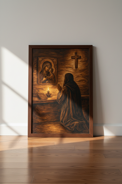 Religious icon art | Byzantine warm tones, candlelit prayer room decor