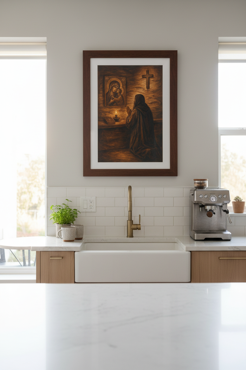 Religious icon art | Byzantine warm tones, candlelit prayer room decor