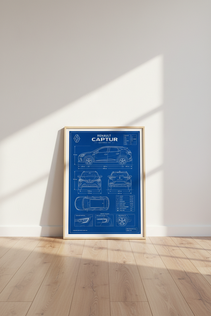 Renault Captur Blueprint Wall Art | Blue Automotive Decor | Car Enthusiast Poster