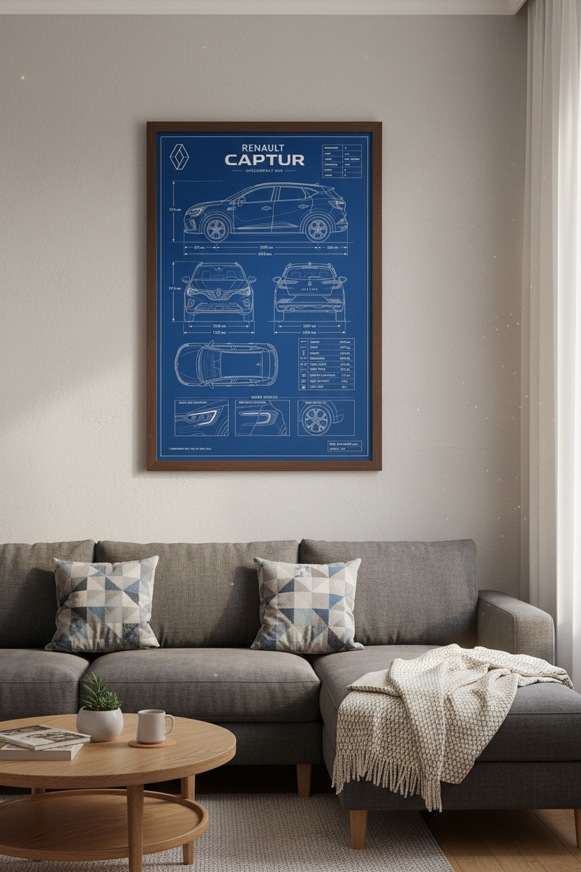 Renault Captur Blueprint Wall Art | Blue Automotive Decor | Car Enthusiast Poster
