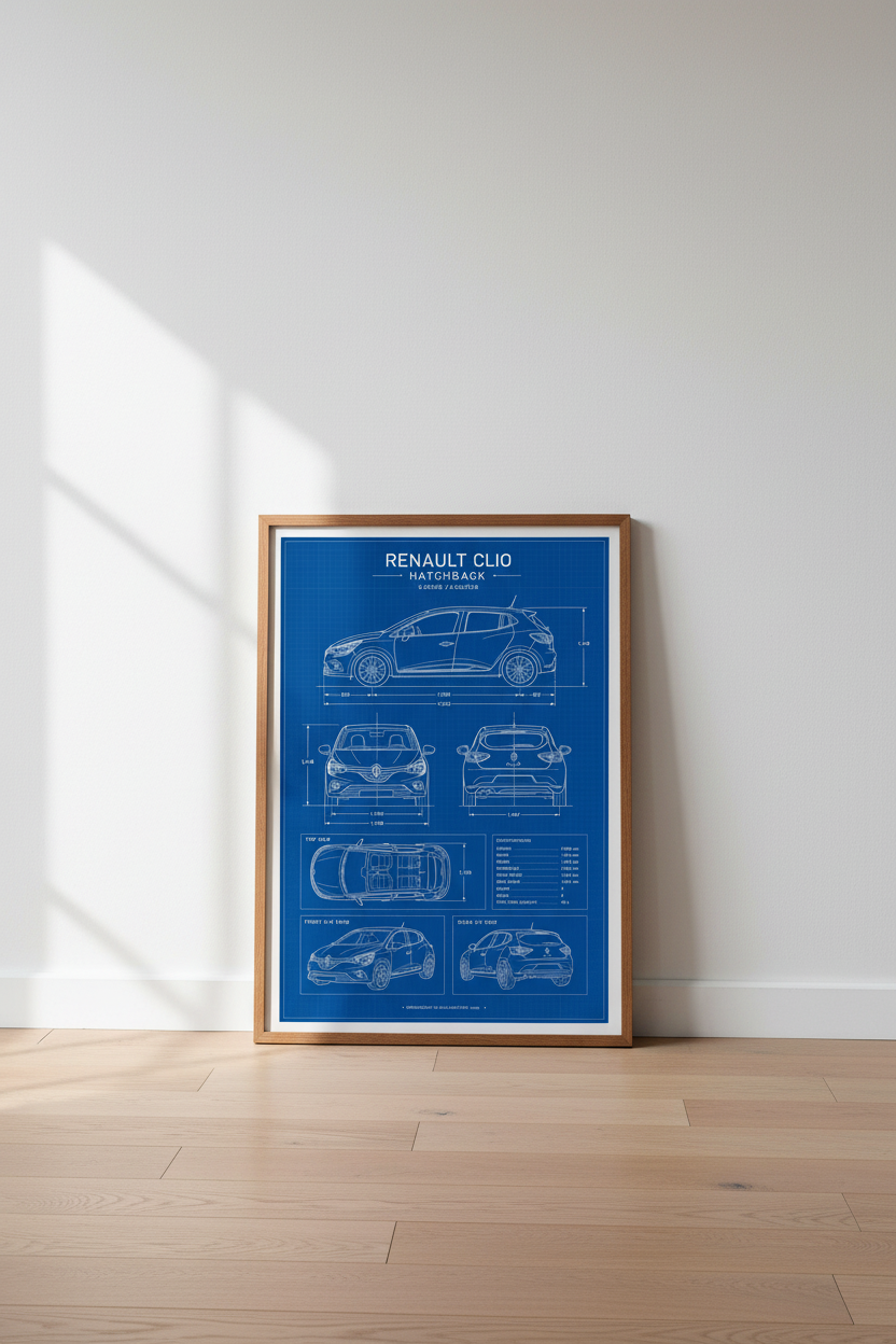 Renault Clio Blueprint Wall Art | Automotive Technical Poster, Garage Decor