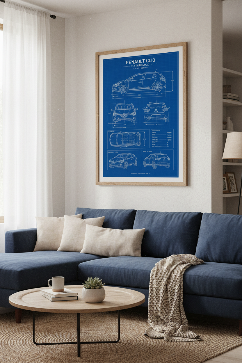 Renault Clio Blueprint Wall Art | Automotive Technical Poster, Garage Decor
