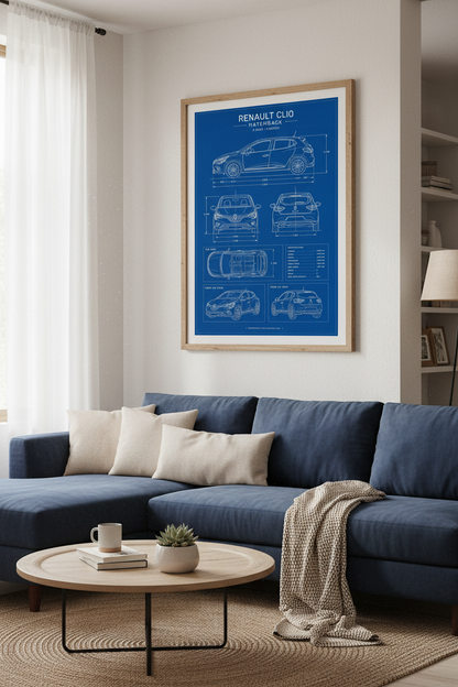 Renault Clio Blueprint Wall Art | Automotive Technical Poster, Garage Decor