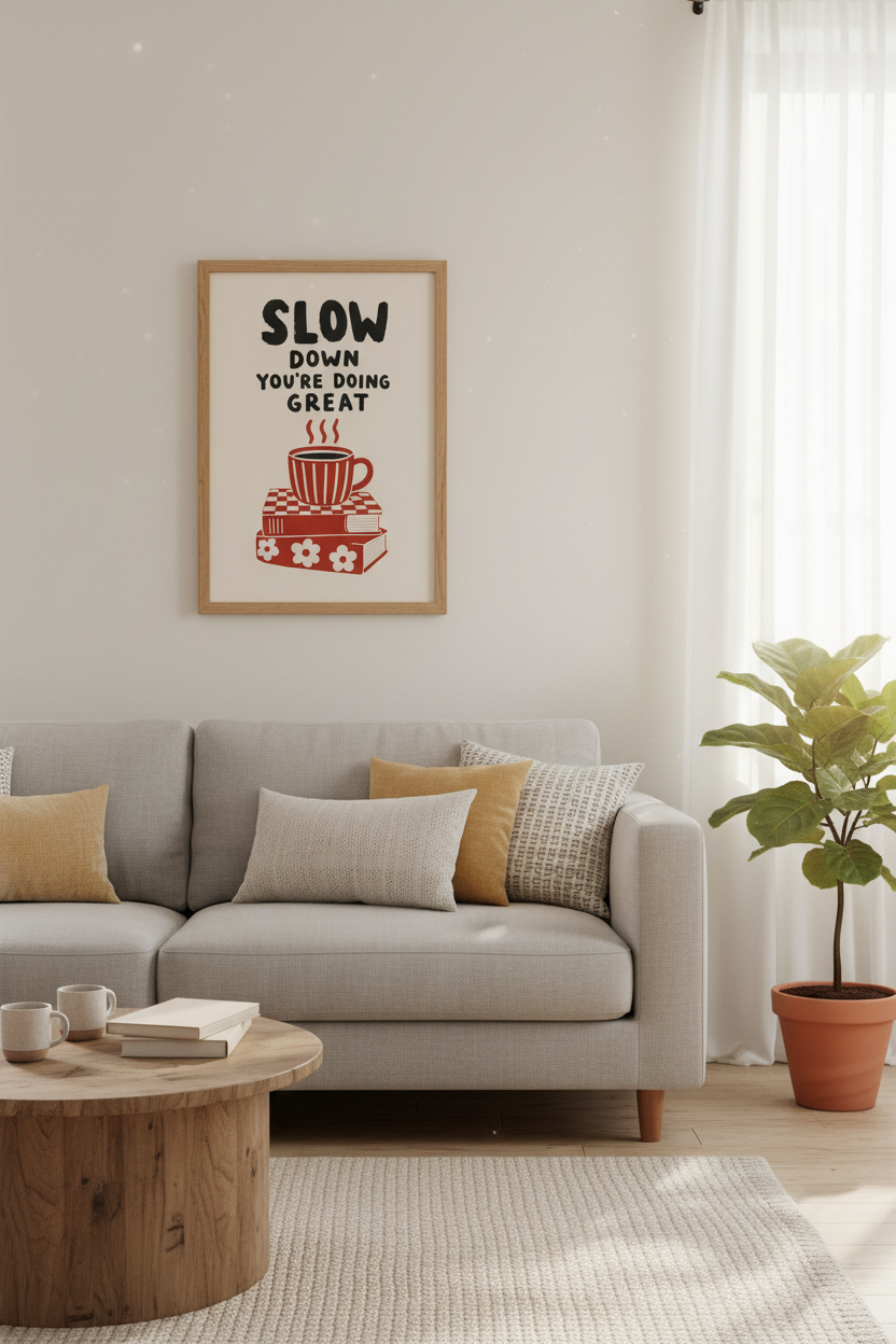 Slow Down Quote Poster | Red Coffee &amp; Books Wall Art | Retro Aesthetic Decor