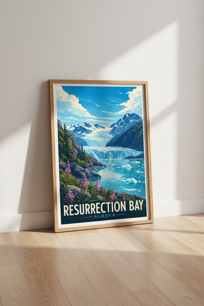 Resurrection Bay Alaska Travel Poster | Glacier Mountain Wall Art Print | Cabin Decor