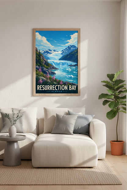 Resurrection Bay Alaska Travel Poster | Glacier Mountain Wall Art Print | Cabin Decor