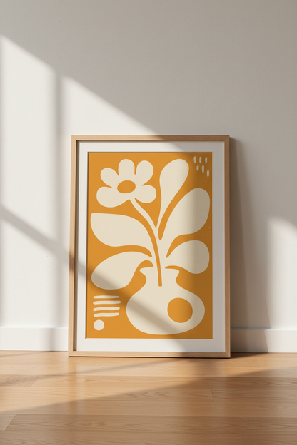 Abstract Flower Vase Wall Art | Mustard Yellow Minimalist Print, Boho Living Room Decor