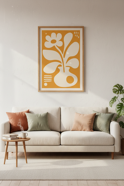 Abstract Flower Vase Wall Art | Mustard Yellow Minimalist Print, Boho Living Room Decor