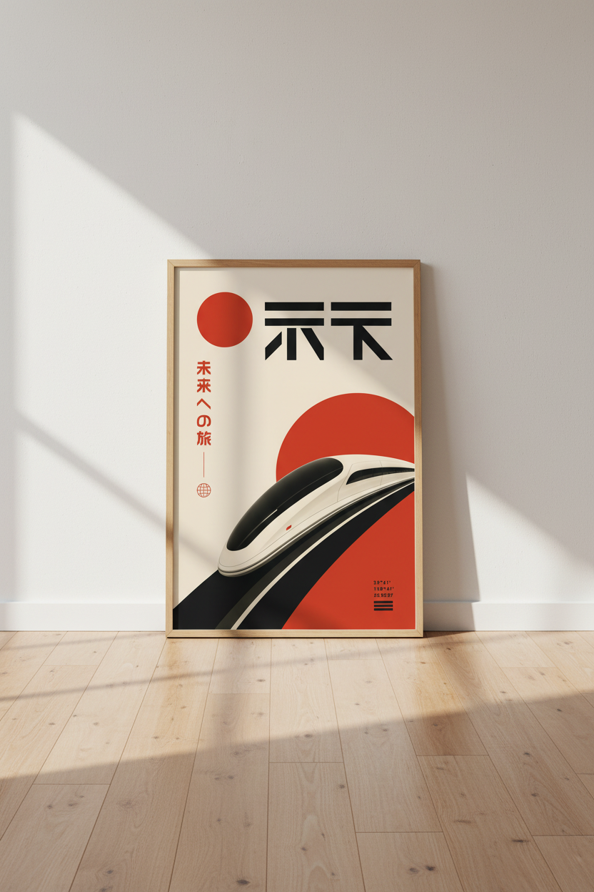 Japanese Bullet Train Art | Minimalist Retro Travel Poster, Modern Office Decor