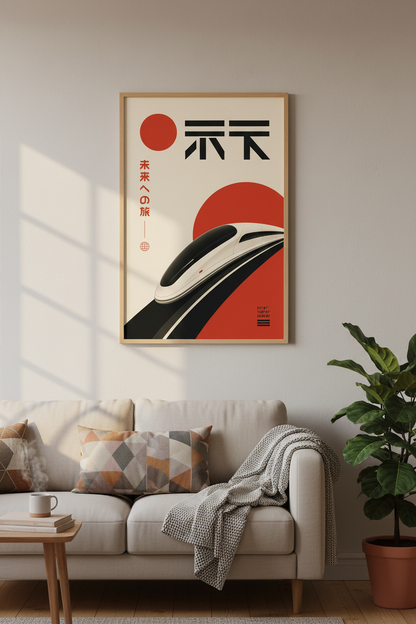Japanese Bullet Train Art | Minimalist Retro Travel Poster, Modern Office Decor