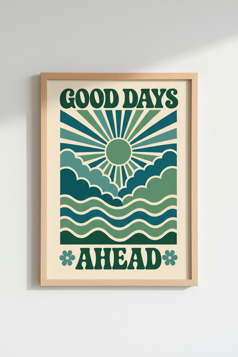 Retro Sun &amp; Wave Wall Art Print | Good Days Ahead Poster | Green &amp; Teal Decor