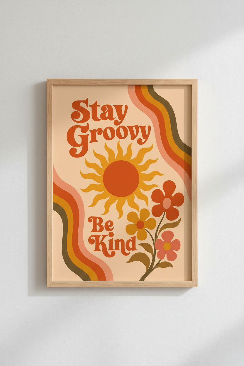 Stay Groovy Be Kind Print | Retro 70s Sun Flowers, Dorm Decor Aesthetic Art
