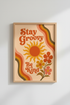 Stay Groovy Be Kind Print | Retro 70s Sun Flowers, Dorm Decor Aesthetic Art