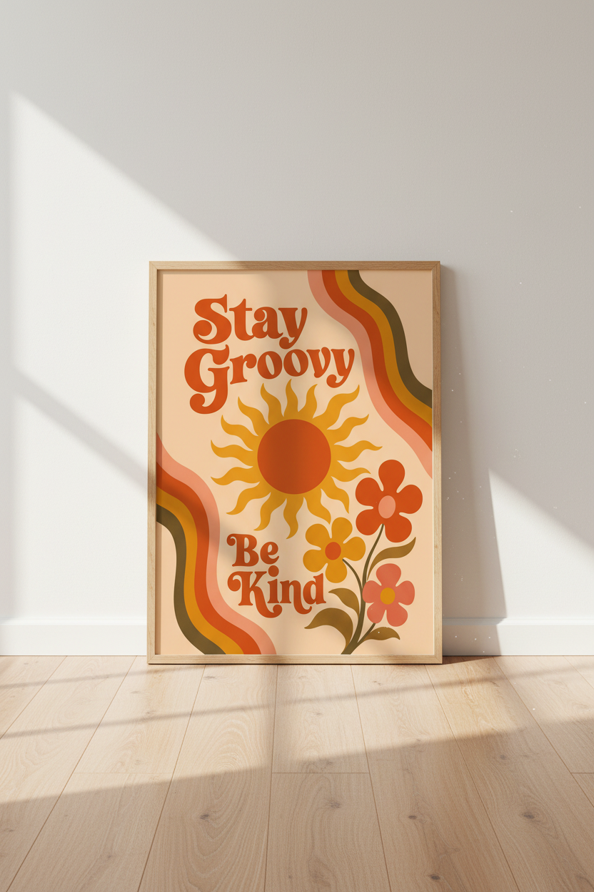 Stay Groovy Be Kind Print | Retro 70s Sun Flowers, Dorm Decor Aesthetic Art