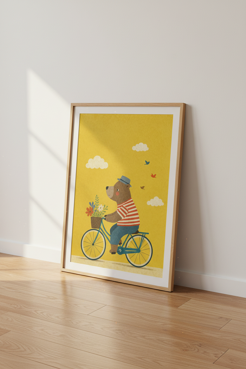Bear on Bicycle Art | Whimsical Nursery Decor, Yellow Animal Poster