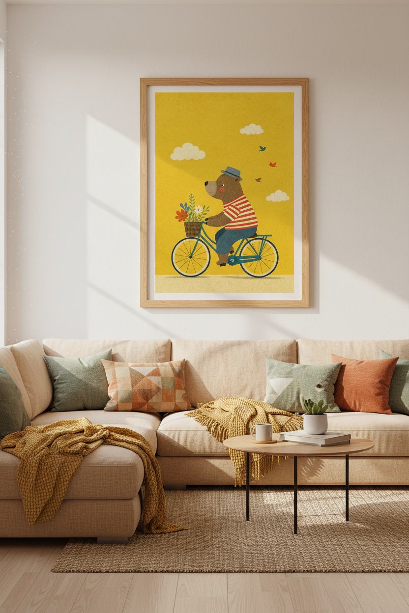 Bear on Bicycle Art | Whimsical Nursery Decor, Yellow Animal Poster