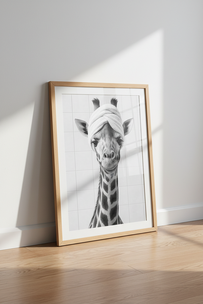 Giraffe in Towel Wall Art | Black and White Bathroom Decor | Funny Animal Poster