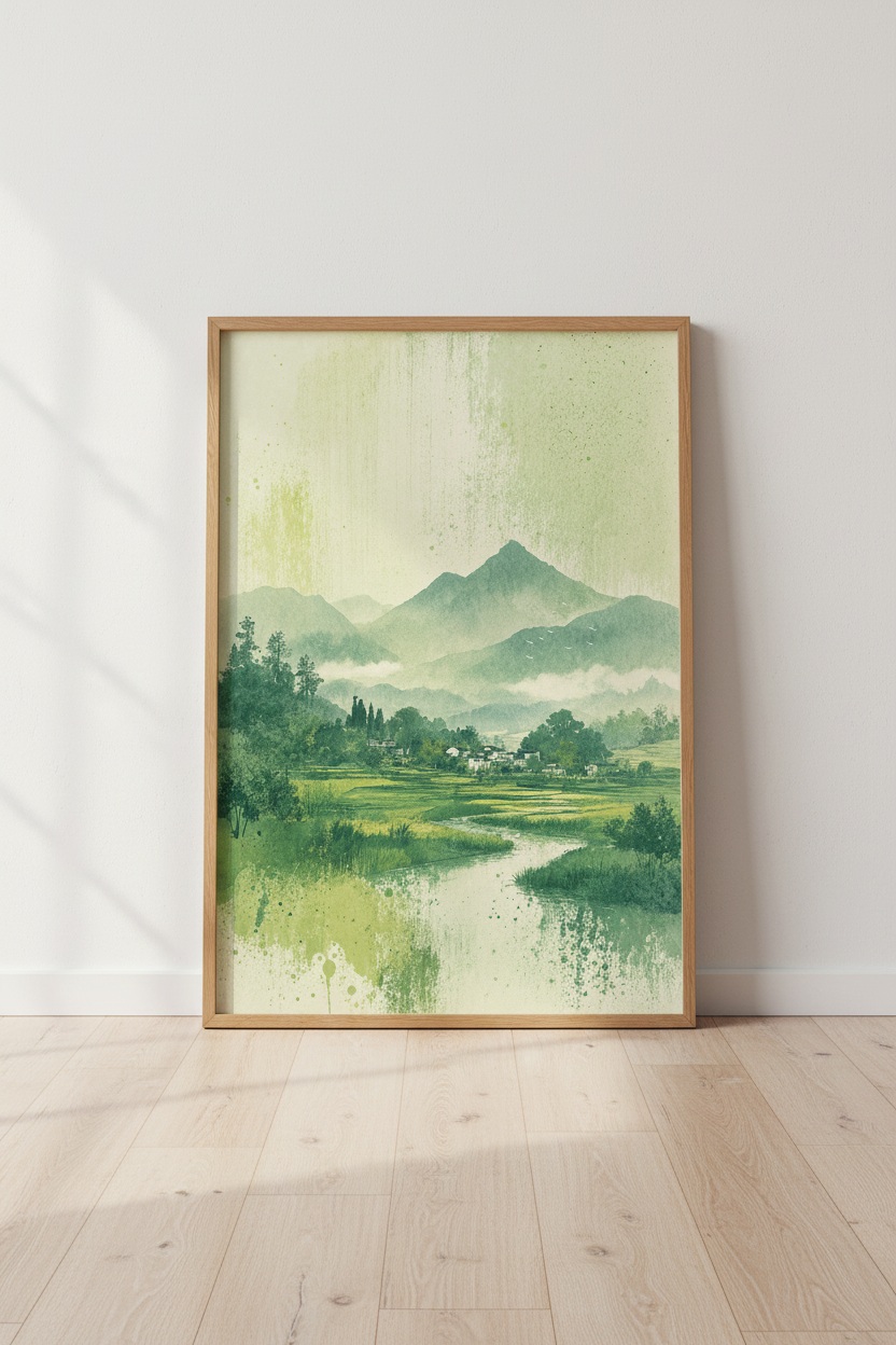 Japanese Mountain Landscape | Sage Green Watercolor Print, Zen Nature Wall Art