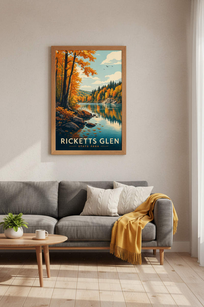 Ricketts Glen State Park Travel Poster | Autumn Landscape Print, Nature Wall Art