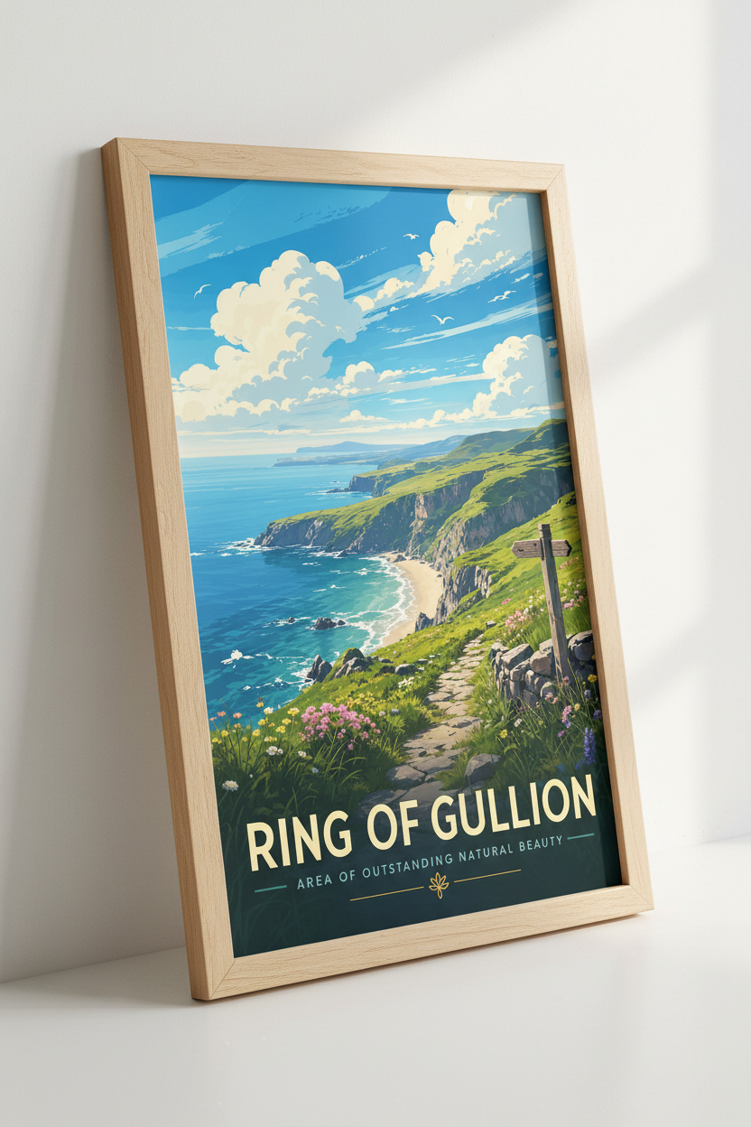 Ring of Gullion Travel Poster | Ireland Coastal Wall Art | Blue Green Nature Decor